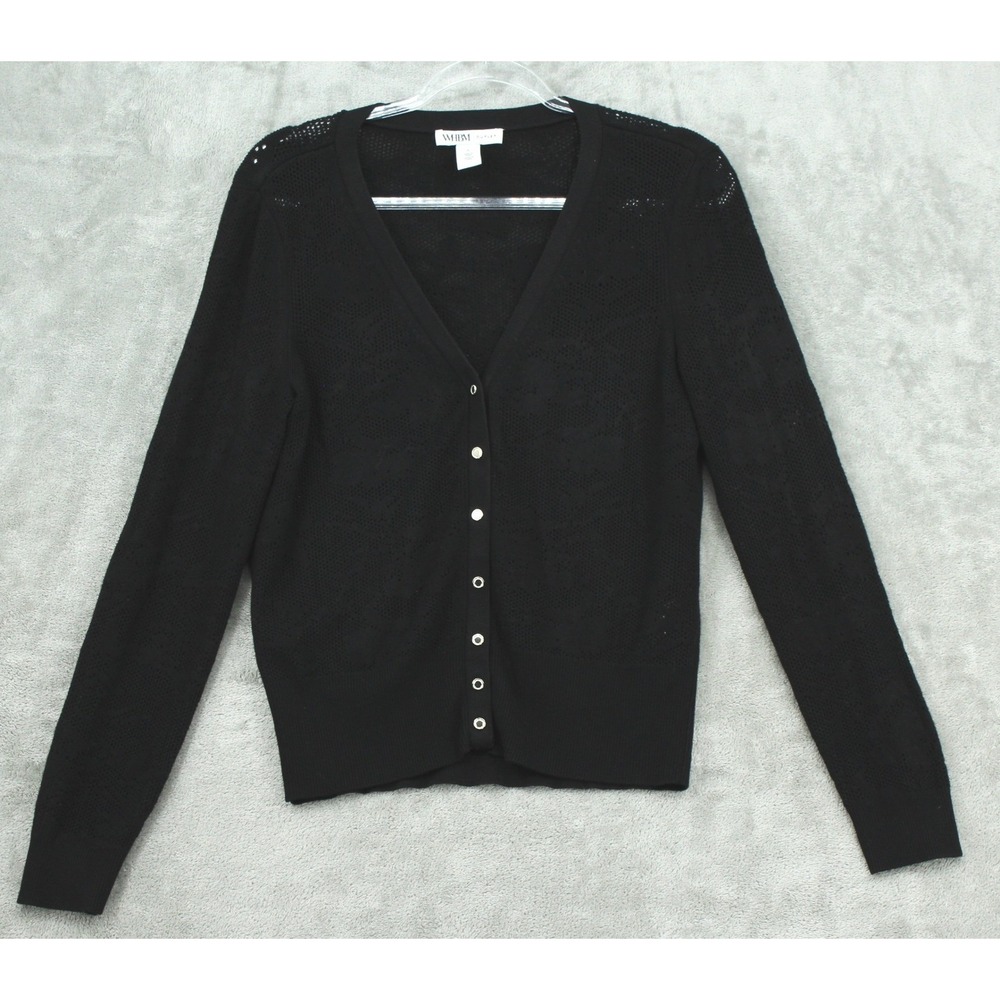 White House Black‎ Market Sweater Womens Large Pointelle Semi Sheer Snap Black